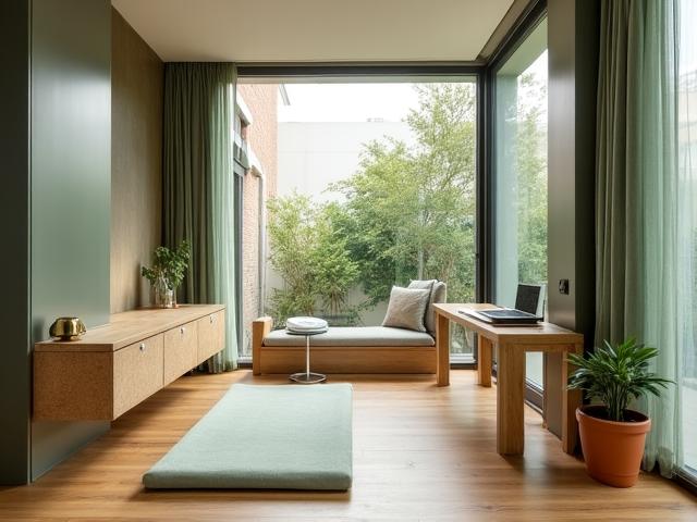 Interno di un hotel moderno con materiali naturali e spazio yoga